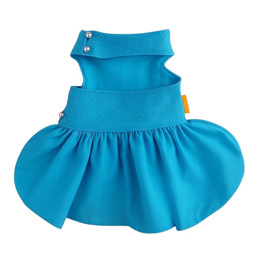 VESTIDO AZUL CON MOÑO NARANJA