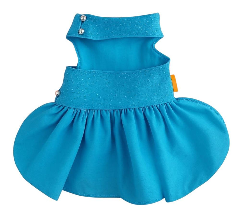 VESTIDO AZUL CON MOÑO NARANJA