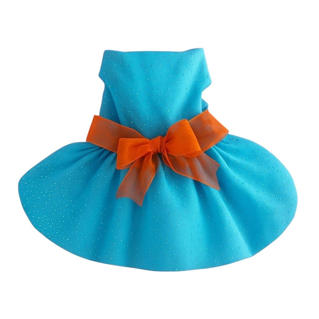 VESTIDO AZUL CON MOÑO NARANJA