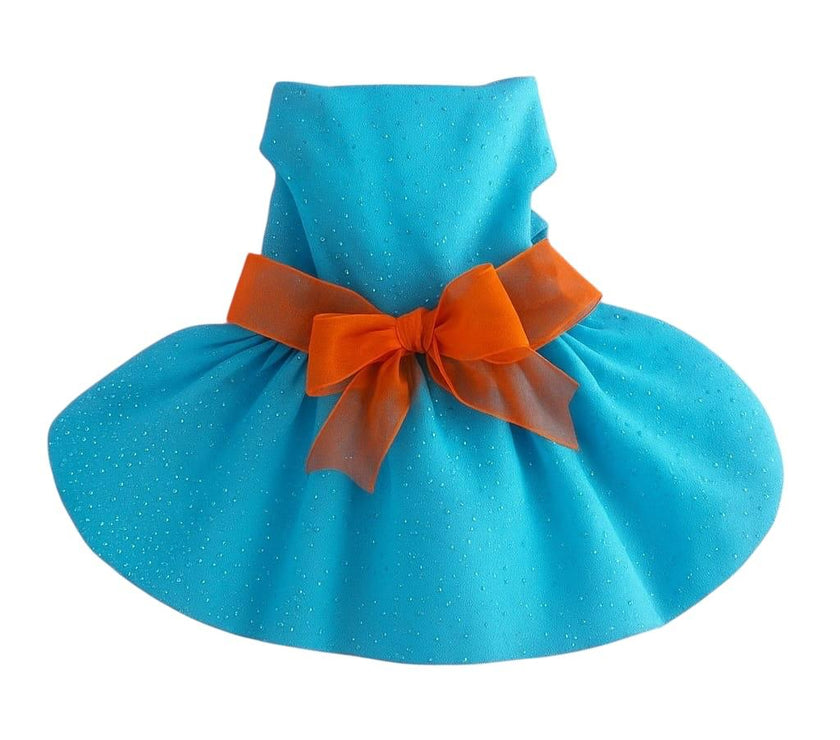 VESTIDO AZUL CON MOÑO NARANJA