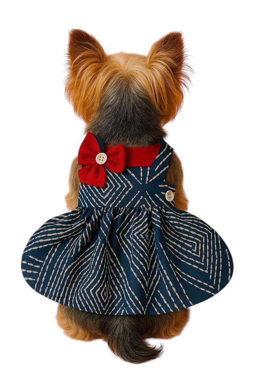 VESTIDO AZUL CON MOÑO ROJO