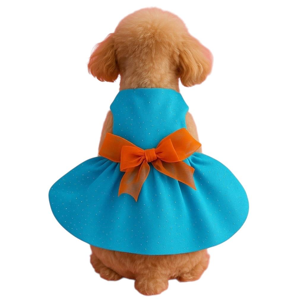 VESTIDO AZUL CON MOÑO NARANJA