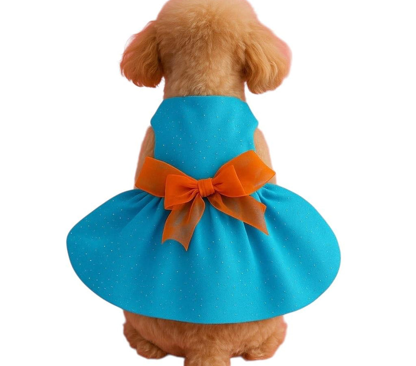 VESTIDO AZUL CON MOÑO NARANJA